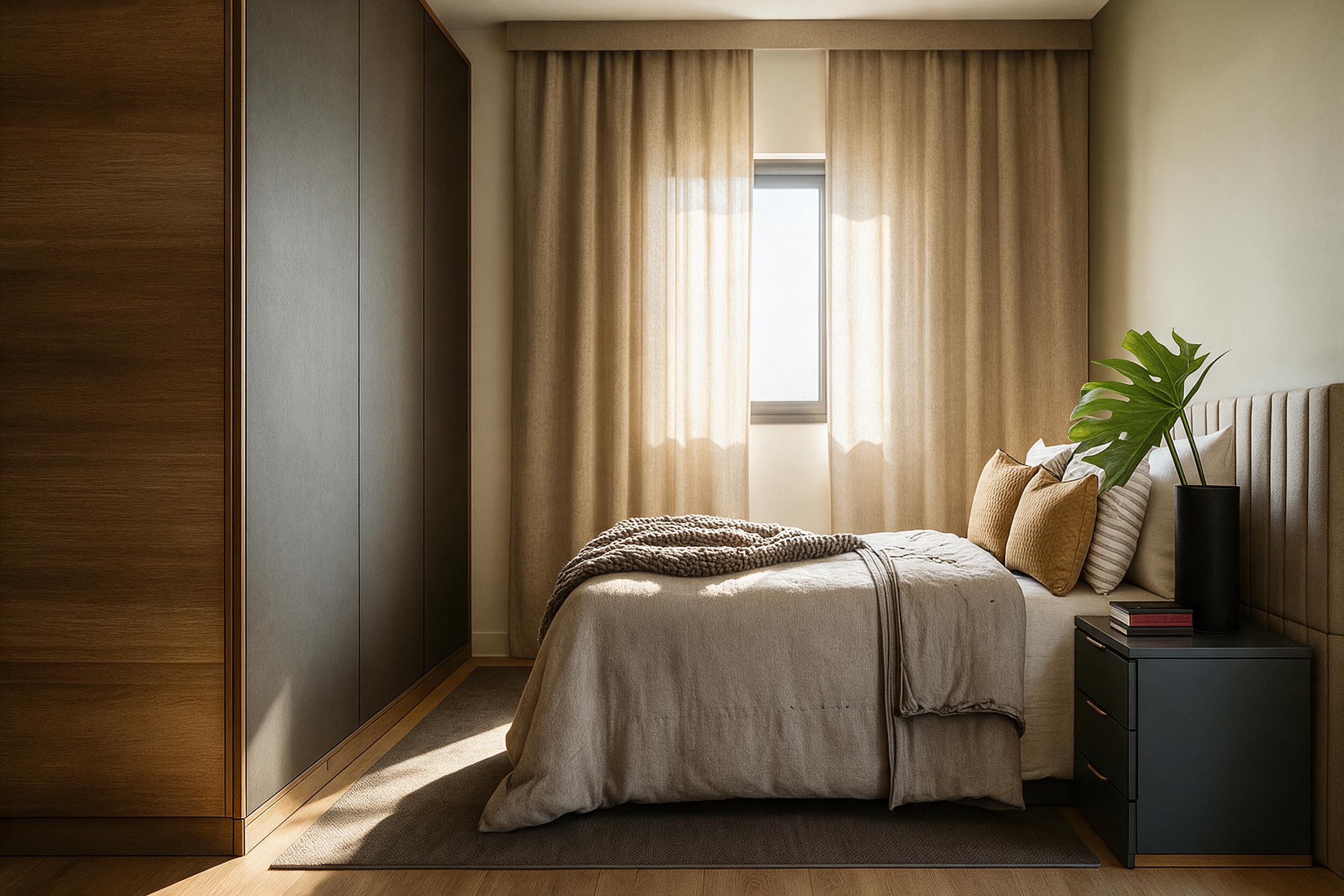Suíte master com cama de casal e cortinas
