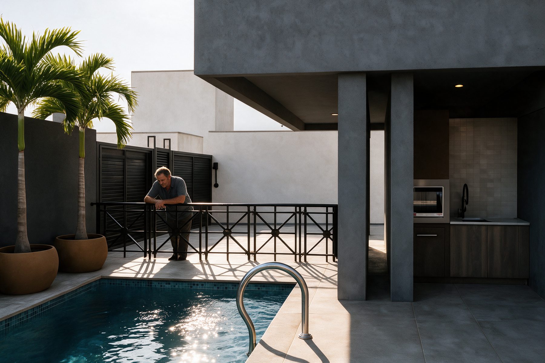 Área da piscina com deck e coqueiros