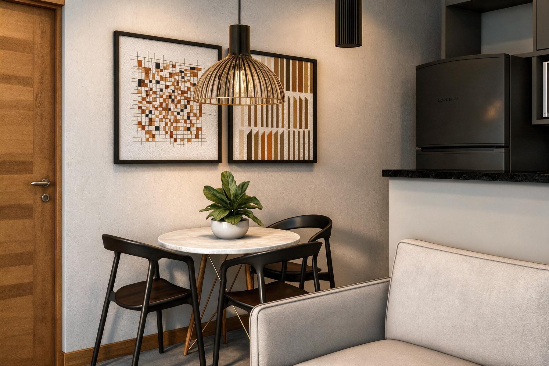Mesa de refeições com luminária pendente