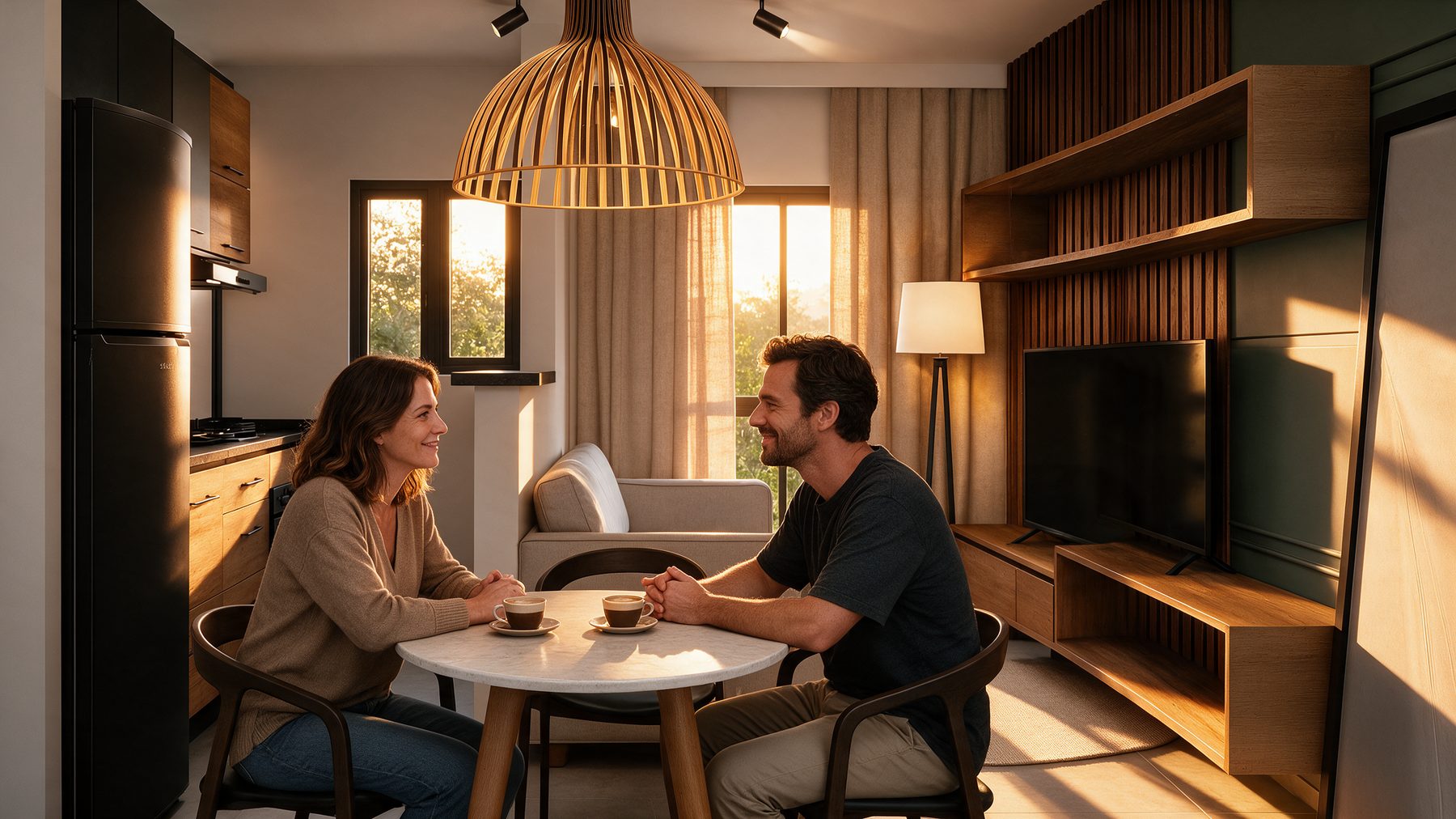 Casal conversando à mesa da sala de jantar
