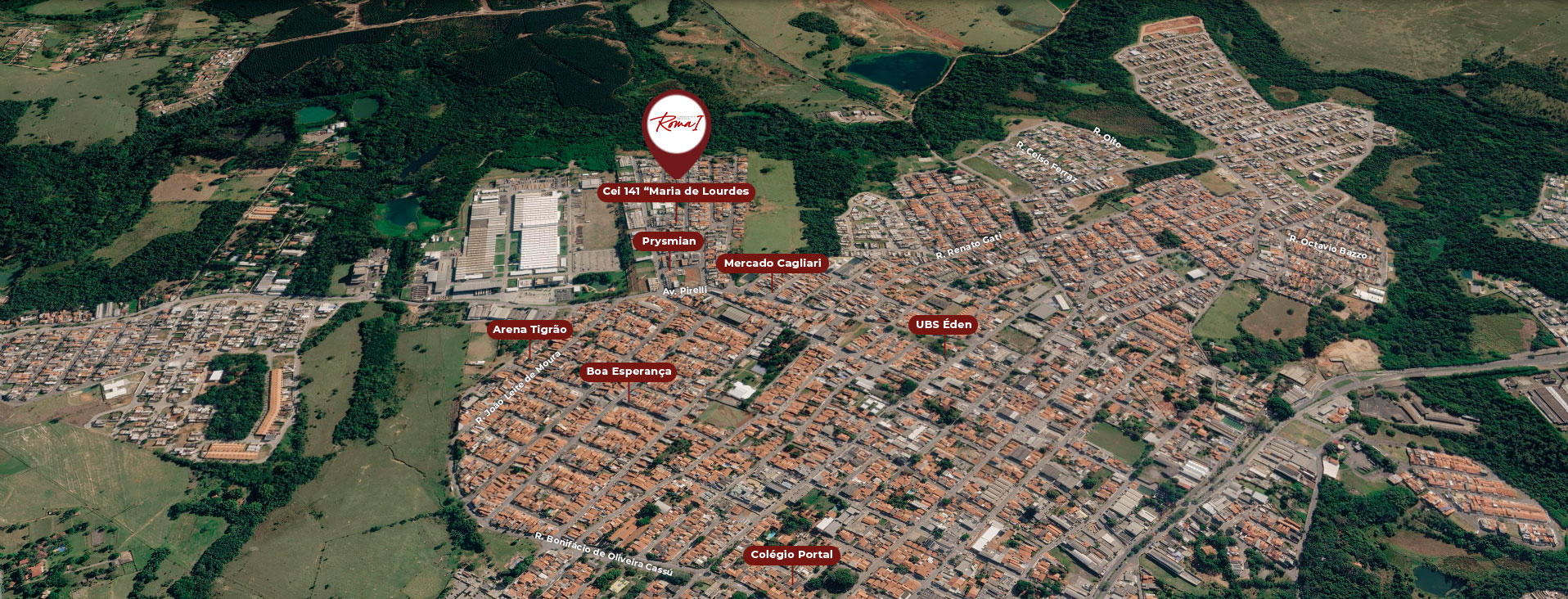 Mapa aéreo da região do Roma I com pontos de interesse próximos