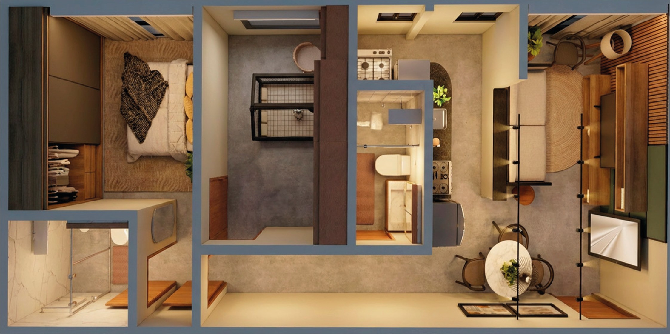 Planta humanizada do apartamento de 52,62 m² com 2 dormitórios